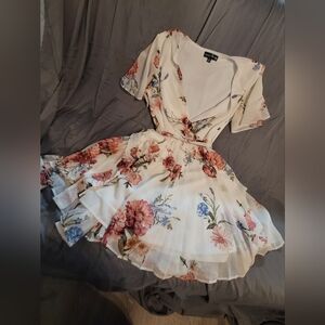 Crystal Doll Floral Mini Dress in Cream with Pink and Blue